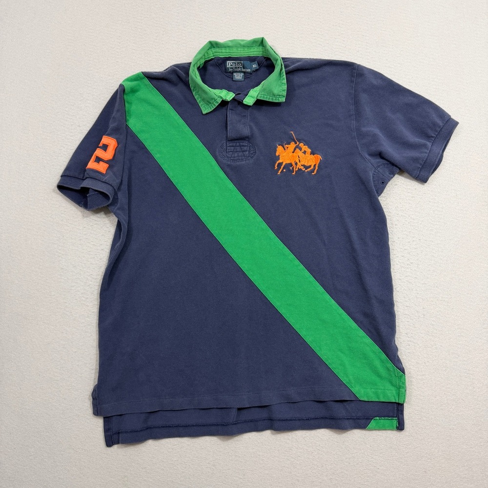 Polo Ralph Lauren Polo Mens XL Blue Big Pony Diagonal Sash Short Sleeve Vintage